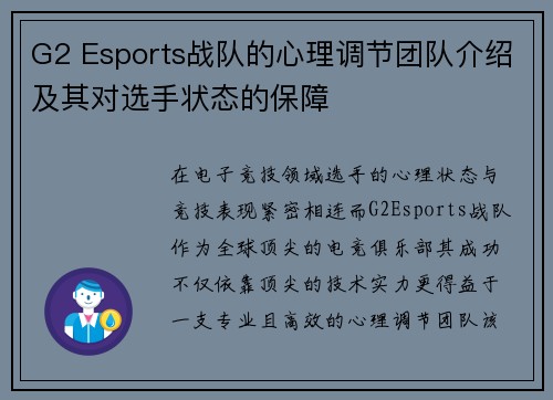 G2 Esports战队的心理调节团队介绍及其对选手状态的保障