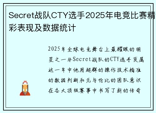 Secret战队CTY选手2025年电竞比赛精彩表现及数据统计